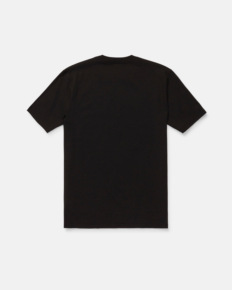 The Volcom Men's Speeder Short Sleeve Tee, shown in a classic fit with short sleeves and a plain black design, is laid flat on a white background and displayed from the back.