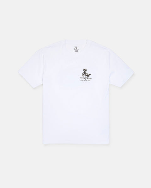 The Volcom Men's Stoney River Short Sleeve Tee is a white heavyweight t-shirt crafted from premium ring spun cotton. Featuring a soft-hand screen print, it displays a small black snake graphic and the text "NO SNAKES ALLOWED" on the left chest. The shirt is shown laid flat against a plain white background.