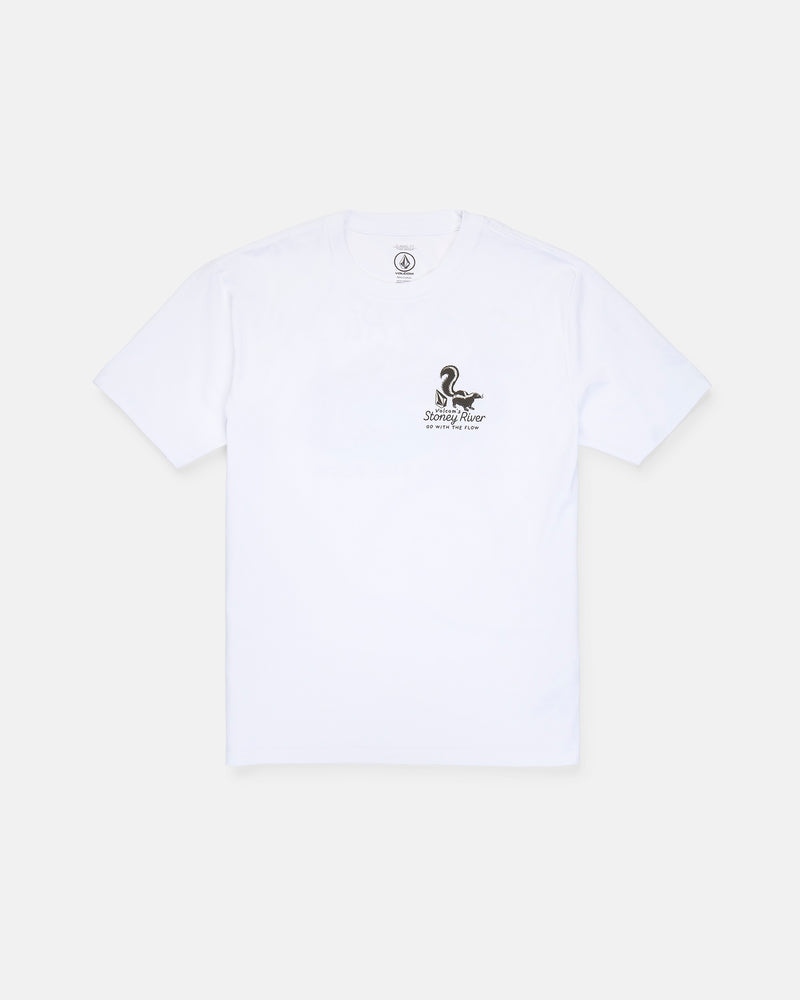The Volcom Men's Stoney River Short Sleeve Tee is a white heavyweight t-shirt crafted from premium ring spun cotton. Featuring a soft-hand screen print, it displays a small black snake graphic and the text "NO SNAKES ALLOWED" on the left chest. The shirt is shown laid flat against a plain white background.