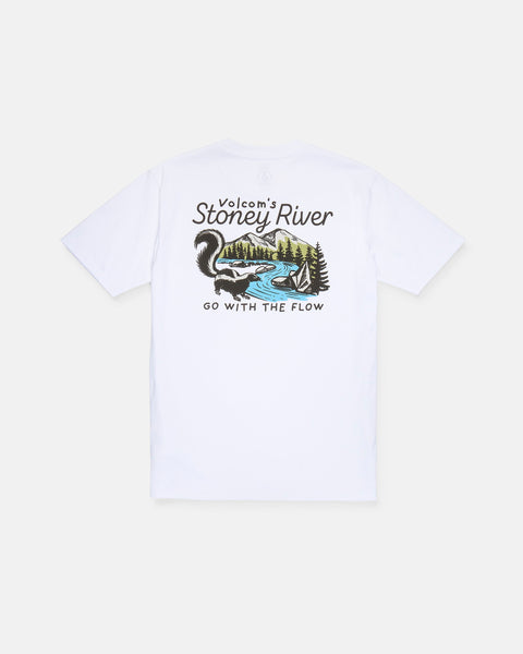 The Men's Stoney River Short Sleeve Tee by Volcom is crafted from premium ring spun cotton and features a graphic on the back depicting a river, trees, and hills. The design includes "Volcom’s Stoney River" text above the artwork and "Go With The Flow" below, finished with a soft-hand screen print for lasting comfort and style.
