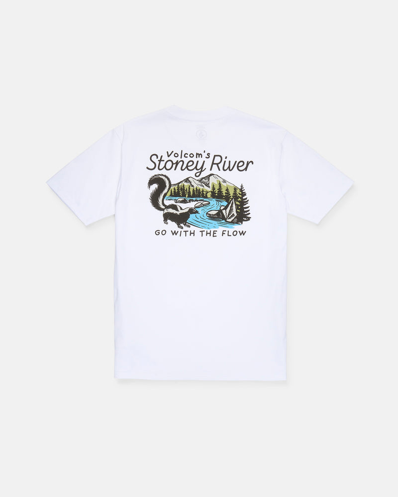 The Men's Stoney River Short Sleeve Tee by Volcom is crafted from premium ring spun cotton and features a graphic on the back depicting a river, trees, and hills. The design includes "Volcom’s Stoney River" text above the artwork and "Go With The Flow" below, finished with a soft-hand screen print for lasting comfort and style.