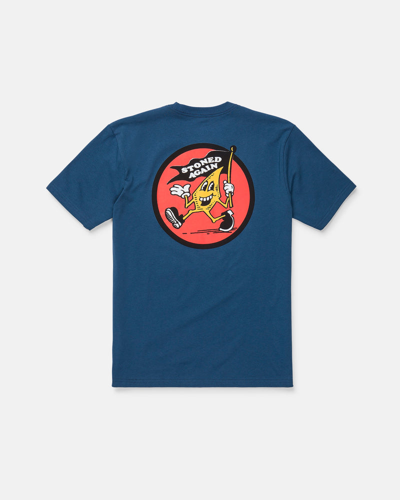Introducing the Volcom Men's Stoneyguy Short Sleeve Tee—a classic fit t-shirt made from premium cotton for all-day comfort. Featuring a playful blue design with a cartoon banana character inside a red circle, decked out in sunglasses, gloves, sneakers, and sporting a big smile with the words “STONED AGAIN” above. The vibrant graphics are rendered in a soft-hand screen print for lasting style and quality.