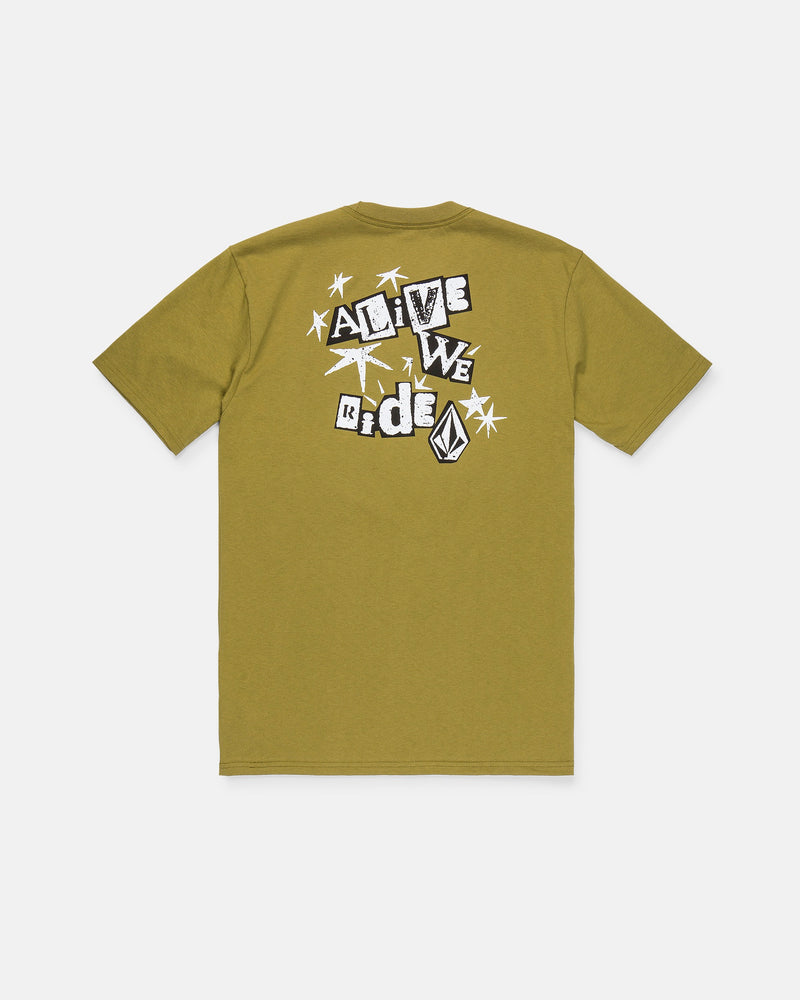 Introducing the Volcom Men's Alive We Ride Short Sleeve Tee—an olive green t-shirt expertly crafted from heavyweight premium cotton. This classic men's tee features a soft-hand screen print for enduring comfort, with “ALIVE WE RIDE” and a striking geometric logo in black and white on the back, surrounded by dynamic white starburst designs for bold style.