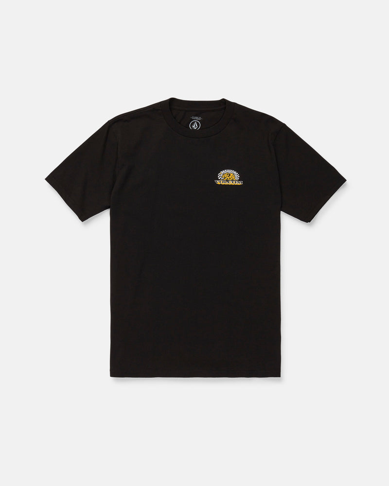 The Men's Golden Bear Short Sleeve Tee by Volcom is a black, heavyweight cotton t-shirt featuring a small yellow and white Volcom Stone graphic with text on the left chest, shown laid flat on a white background.