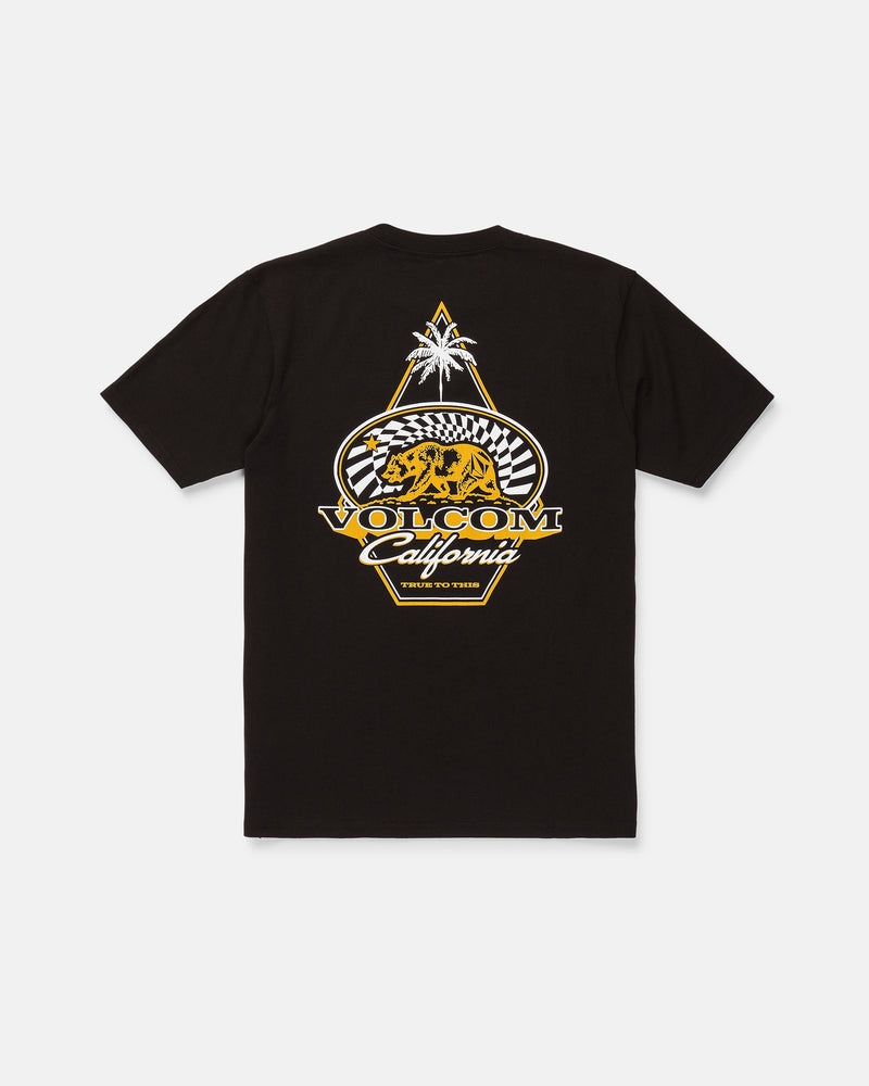 The Men's Golden Bear Short Sleeve Tee by Volcom features a black design with a graphic on the back showcasing a palm tree, checkered pattern, and yellow bear—a tribute to the iconic Golden Bear tee. Bold white and yellow “VOLCOM California” text completes the look. Made from heavyweight cotton for lasting comfort, this classic tee brings signature Volcom Stone attitude to your everyday style.