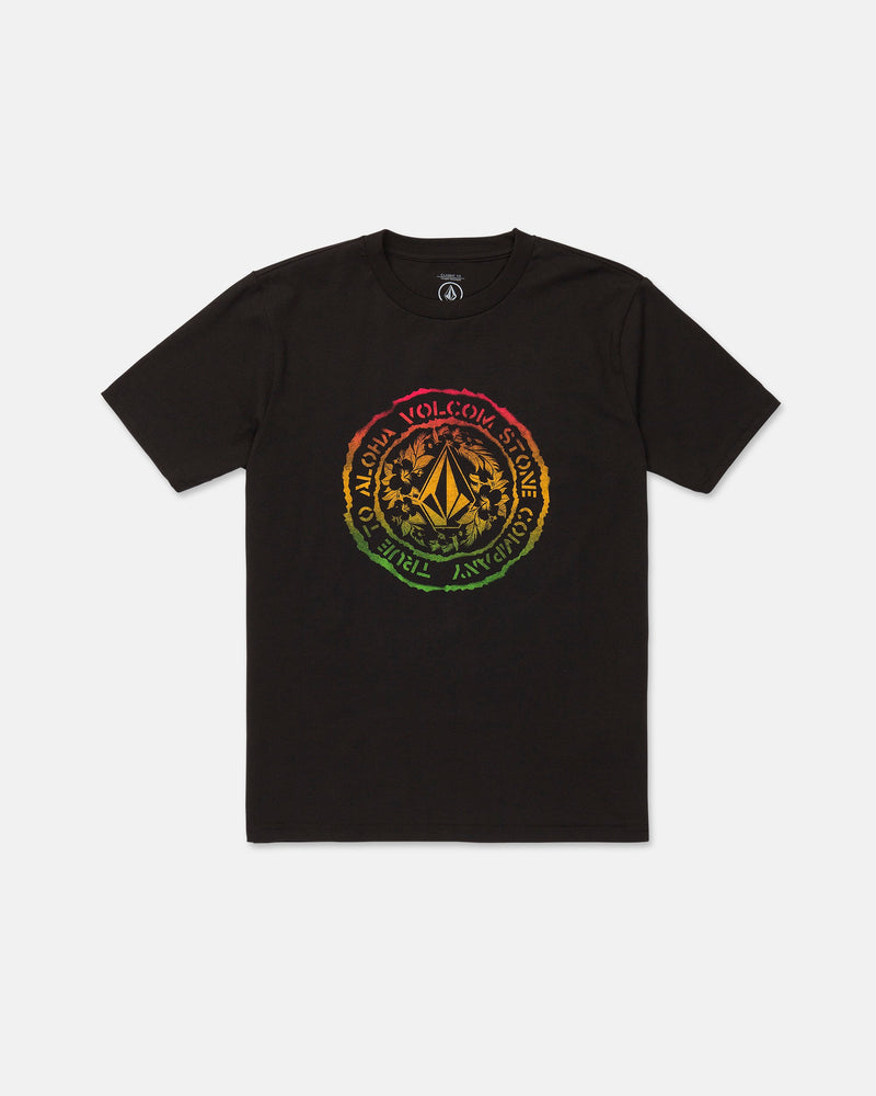 The Men's Tropunk Short Sleeve Tee by Volcom features a black base with a round graphic in red, yellow, and green tie-dye tones. At the center of the vibrant design is the Volcom logo, surrounded by text. Made from premium ring spun cotton for lasting comfort and durability, this classic fit T-shirt is shown against a plain white background.