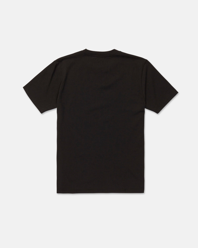 The Volcom Men's Tropunk Short Sleeve Tee, a plain black t-shirt made from premium ring spun cotton, is laid flat on a white background and displayed from the back with no visible designs, logos, or text.