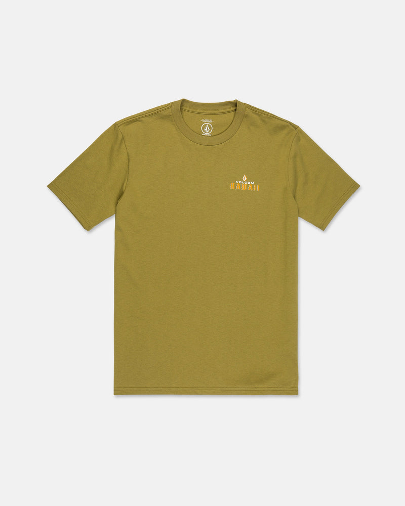 The Volcom Men’s Island Time Short Sleeve Tee is shown laid flat in olive green, featuring a small yellow and orange HAWAII graphic on the left chest. Crafted from premium ring-spun cotton, this classic fit crewneck t-shirt has no other visible designs.