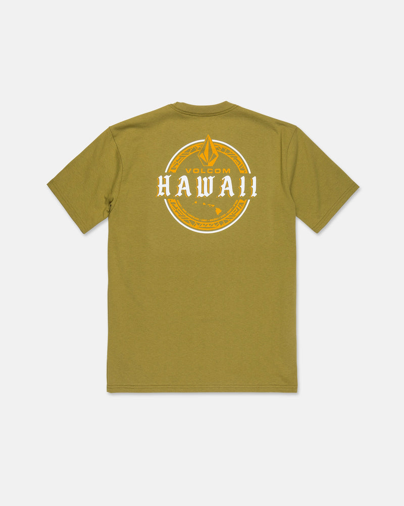The Men’s Island Time Short Sleeve Tee by Volcom is an olive green heavyweight cotton t-shirt featuring a large yellow and white circular Volcom Hawaii graphic on the back, complete with a geometric emblem at the top center.