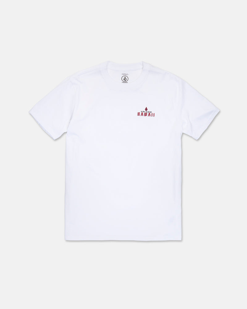 The Volcom Men’s Island Time Short Sleeve Tee is a classic fit, plain white t-shirt crafted from premium ring-spun cotton, featuring small red text and a red symbol on the left chest, shown on a light gray background.