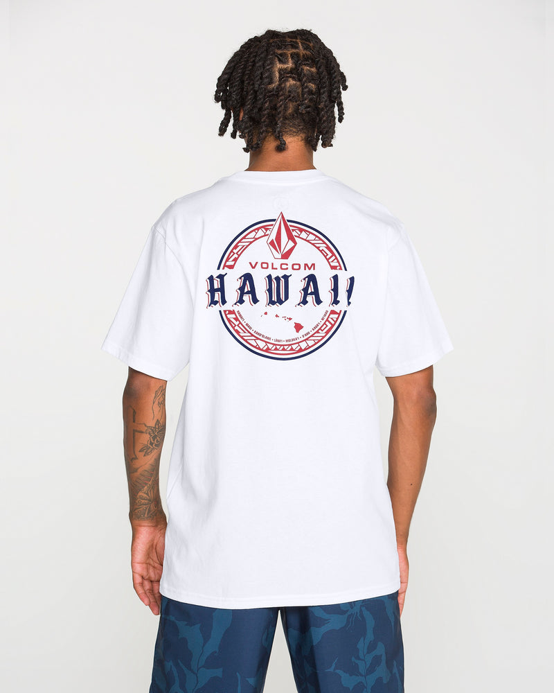A person with short, twisted hair is seen from behind wearing the Volcom Men’s Island Time Short Sleeve Tee, crafted from premium ring-spun cotton, paired with blue patterned shorts against a plain background.