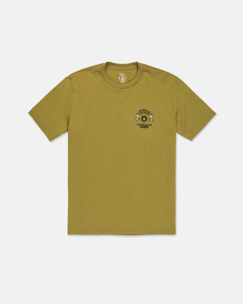 The Volcom Men’s Jungle Juice Short Sleeve Tee is an olive green, classic fit t-shirt featuring a small, round left-chest graphic with a sun, mountains, and text. Made from premium heavyweight ring-spun cotton, this tee is displayed laid flat on a white background.