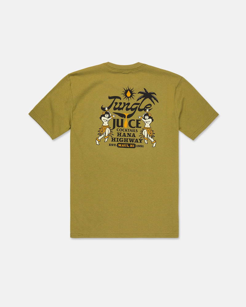 Introducing the Men’s Jungle Juice Short Sleeve Tee by Volcom—an olive green classic fit t-shirt crafted from premium ring-spun cotton. This laid-back island-inspired tee features a vibrant back graphic depicting hula dancers, a palm tree, sun, and the words: “Jungle Juice Cocktails Hana Highway, Est. Maui, HI 1993.” Perfect for embracing those easygoing Hawaiian vibes.
