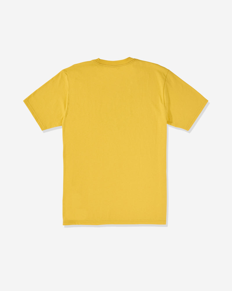 The Volcom Men's Shmoot Short Sleeve Tee is shown laid flat, back side up, against a white background. This plain cotton t-shirt features a dark yellow color with no visible designs, logos, or patterns.