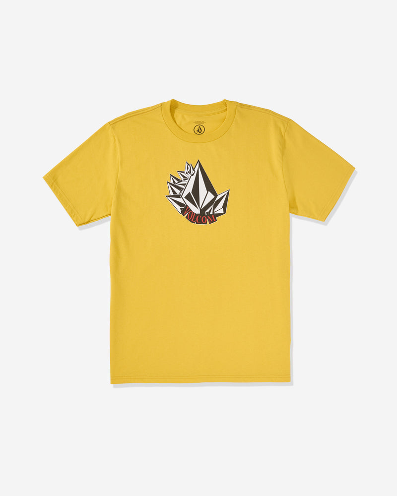 The Men's Shmoot Short Sleeve Tee by Volcom is a dark yellow cotton t-shirt with bold black and white geometric front graphics and “VOLCOM” in red, offering standout style and comfort on a plain white background.