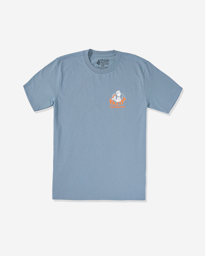 The Volcom Men's Grindit Short Sleeve Tee in light blue is made from 100% cotton and features a small graphic of a white cartoon cat on orange flames on the left chest, shown against a plain white background.