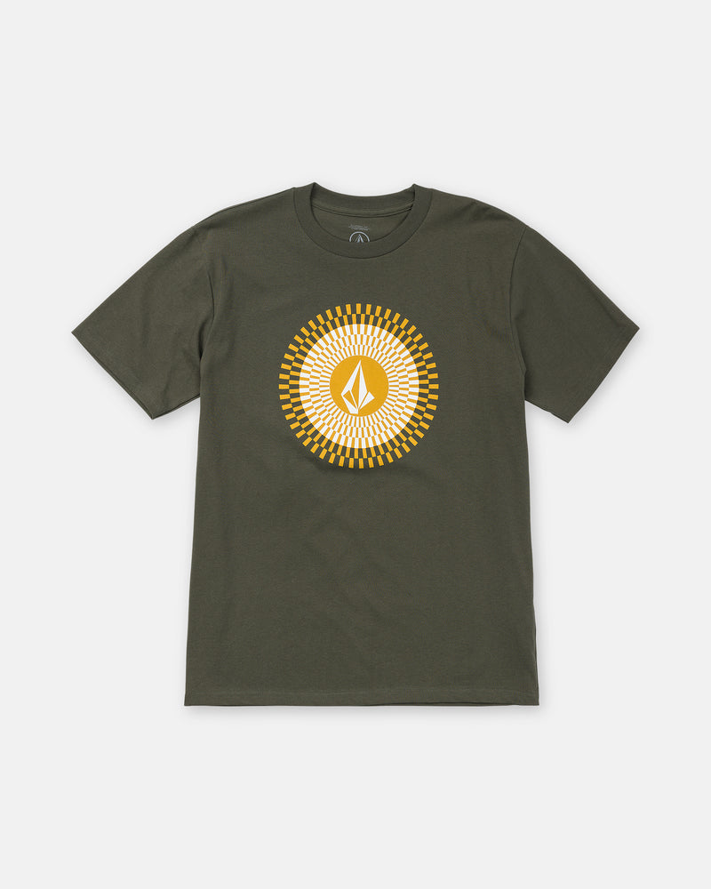 The Men’s Radiate Short Sleeve Tee by Volcom features an olive green classic fit with a yellow and white sunburst graphic and a white geometric logo, crafted from premium ring spun cotton.