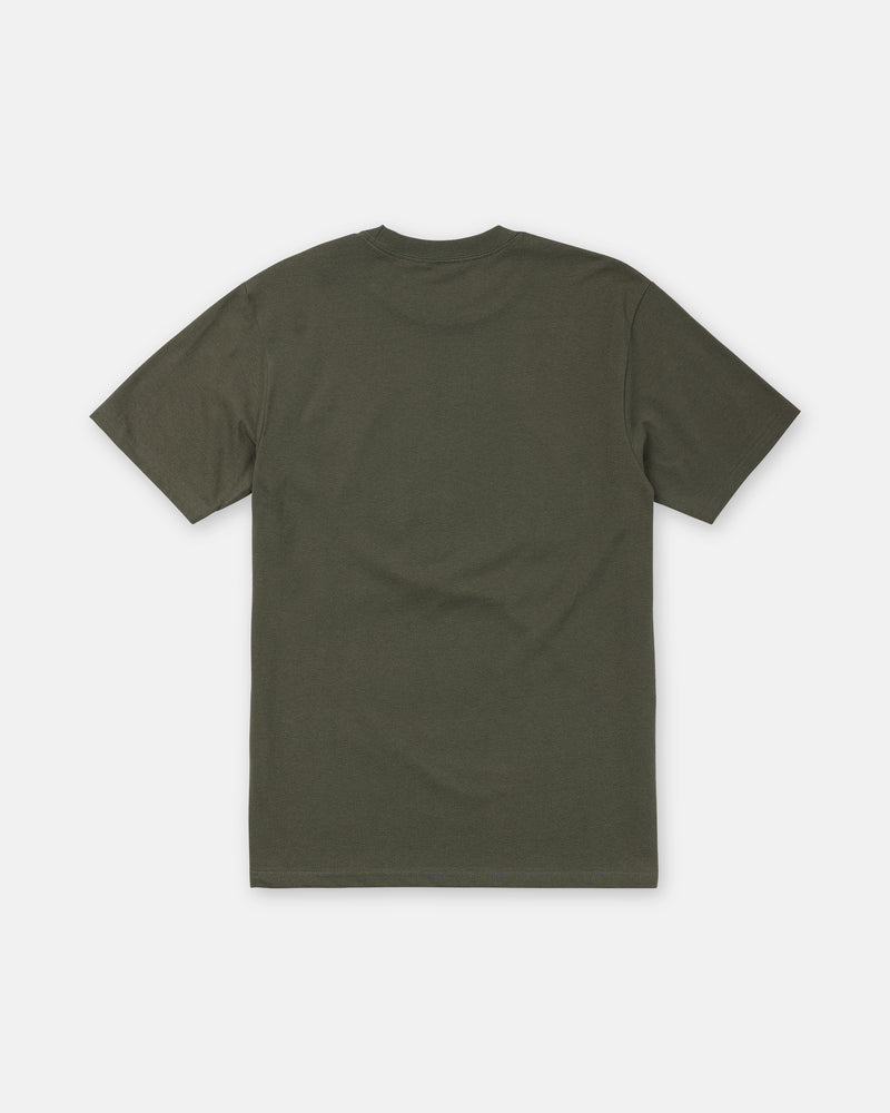 Back view of the Men’s Radiate Short Sleeve Tee by Volcom in dark green classic fit, short sleeves, laid flat on a white background.