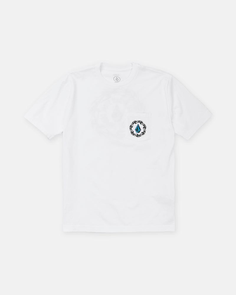 Volcom Men’s Twister Short Sleeve Tee in heavyweight white featuring a blue geometric emblem surrounded by a black, vine-like graphic in a classic fit.