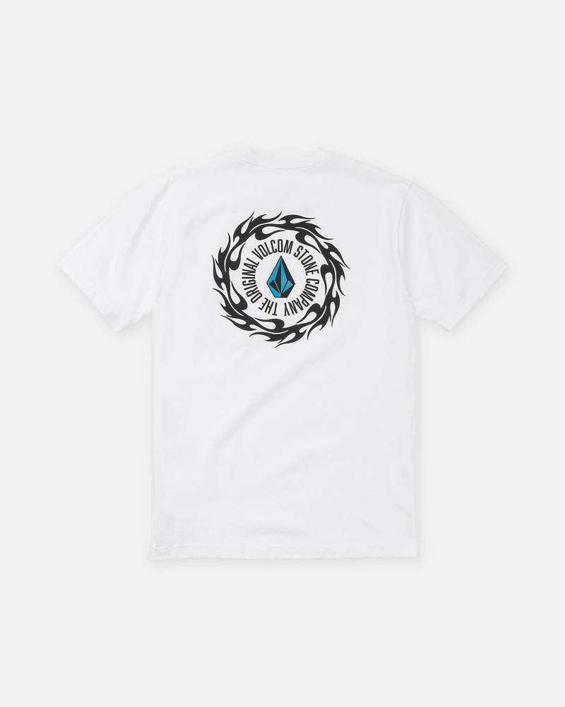 Men’s Twister Short Sleeve Tee: heavyweight white pocket t-shirt with a back graphic featuring a black flame-patterned circle surrounding a blue diamond logo and the text The Original Volcom Stone Company.