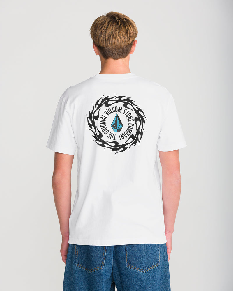 Volcom Men’s Twister Short Sleeve Tee: a heavyweight white shirt with a front pocket and a back graphic featuring a central blue diamond logo surrounded by circular text and black flame motifs.