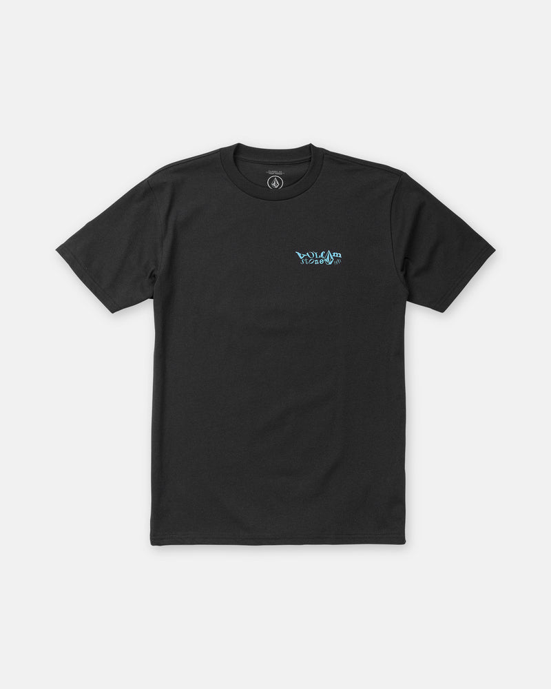 Volcom Men’s Framer Short Sleeve Tee: a classic fit black short-sleeve crewneck t-shirt in heavyweight premium cotton with a blue and white graphic on the left chest.