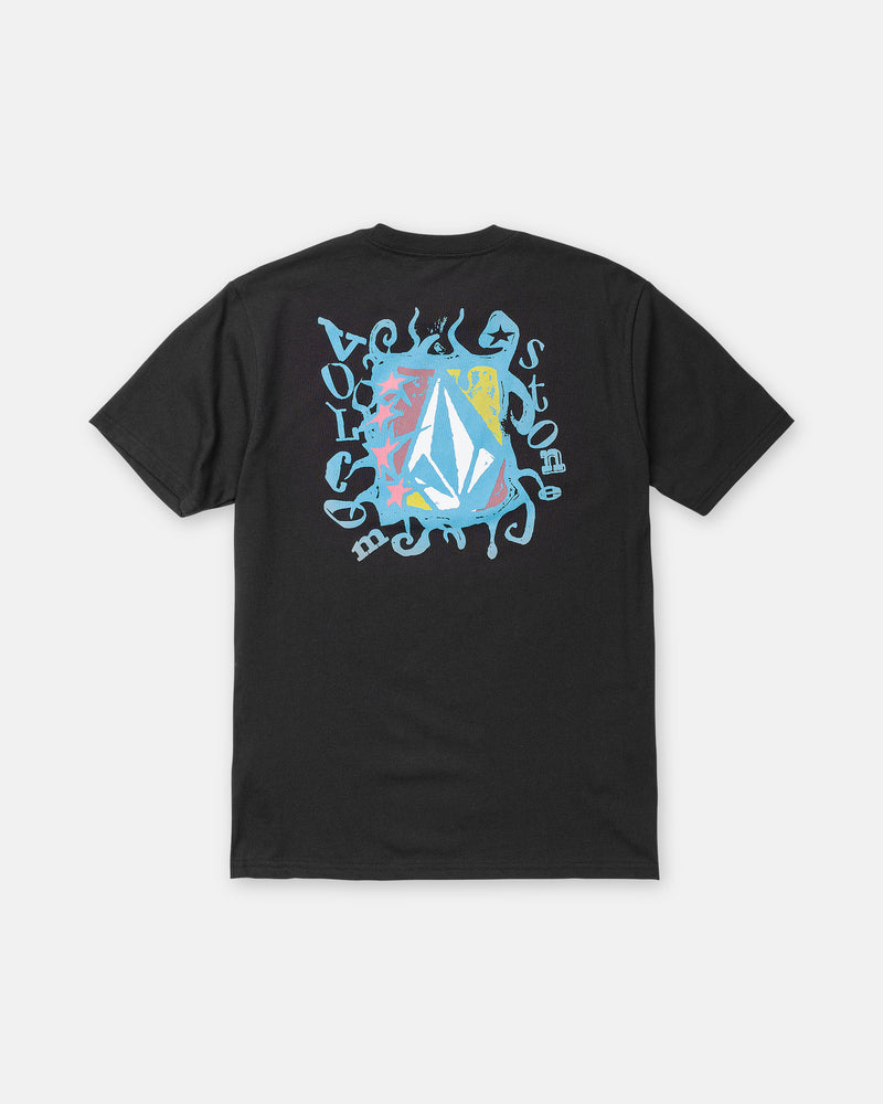 Volcom Men’s Framer Short Sleeve Tee in black heavyweight premium cotton, featuring a back graphic of a white diamond-shaped logo centered on a blue abstract shape surrounded by stars and text.