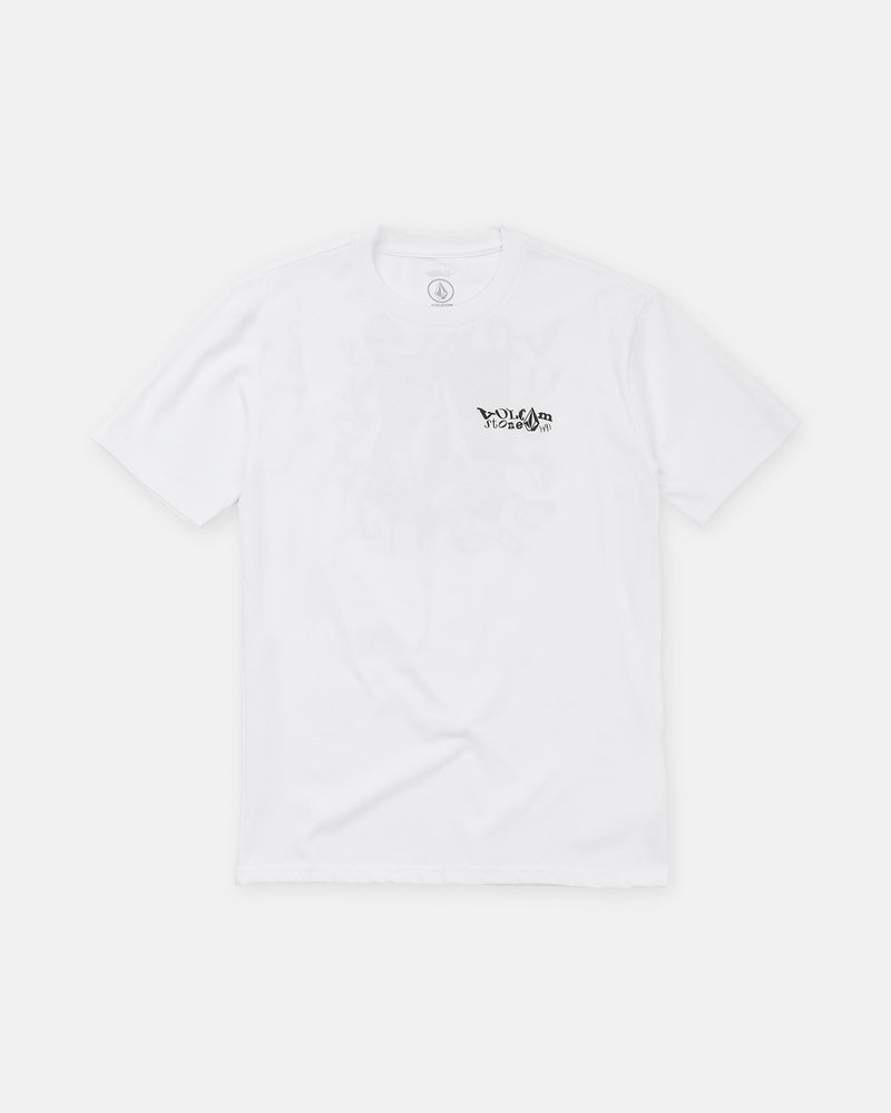 The Volcom Men’s Framer Short Sleeve Tee features a white crew neck design with a small black graphic and text on the left chest, shown against a plain, light background.