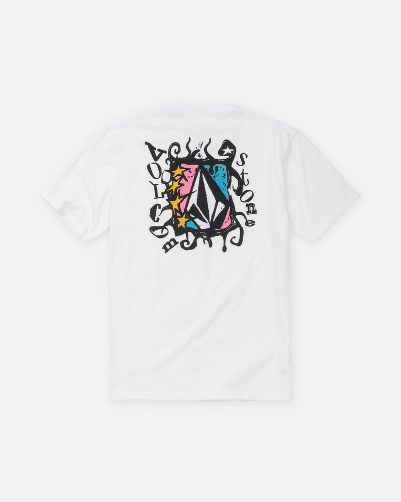 The Men’s Framer Short Sleeve Tee by Volcom features premium cotton, a colorful abstract back graphic, the Volcom Stone logo, and black distorted text and symbols.