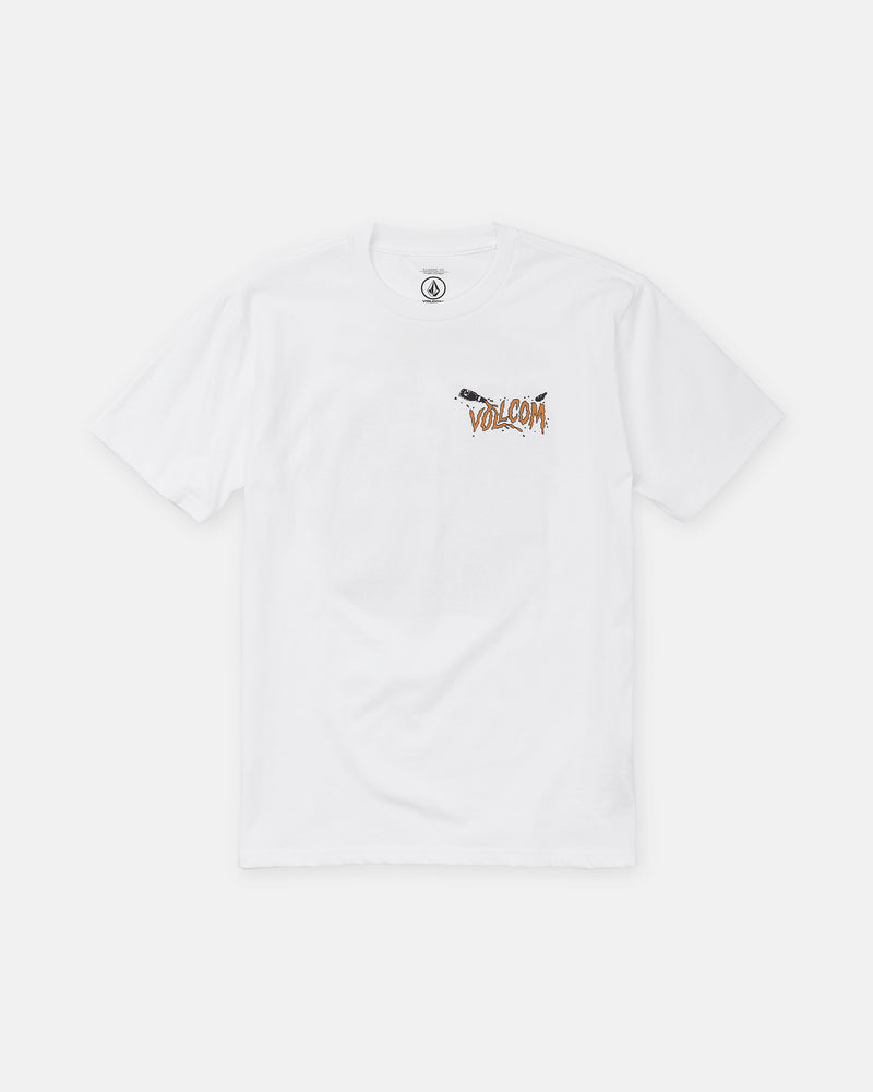 The Volcom Men’s Zombeach Short Sleeve Tee features a classic fit, white color, and small orange and black Volcom logo on the left chest. Made from premium ring-spun cotton. Displayed flat on a plain white background.