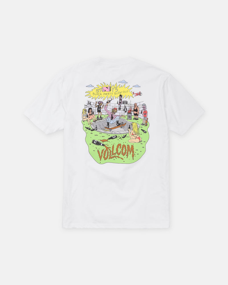 The Men’s Zombeach Short Sleeve Tee by Volcom features a classic fit, premium ring-spun cotton, and a colorful cartoon skatepark graphic with bold Volcom lettering on the back.