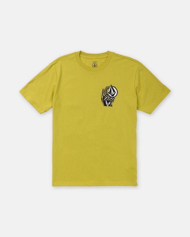 The Volcom Men’s Opposition Short Sleeve Tee is a yellow, classic fit shirt with a black and white stylized mask graphic on the left chest, made from premium ring-spun cotton.