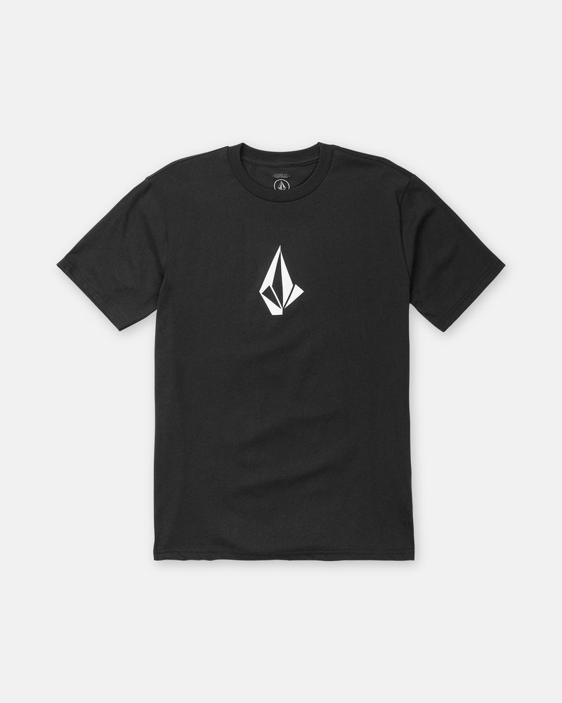 The Men’s Full Stone Short Sleeve Tee by Volcom features a small, white geometric logo centered on the chest. This classic fit black t-shirt is crafted from premium ring spun cotton and is displayed against a plain white background.
