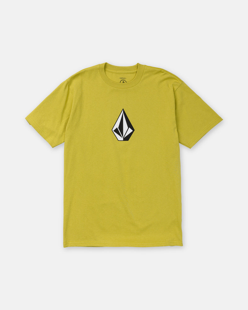 The Men’s Full Stone Short Sleeve Tee by Volcom features a yellow cotton build, crew neck, and bold black-and-white geometric chest logo, shown on a plain white background.