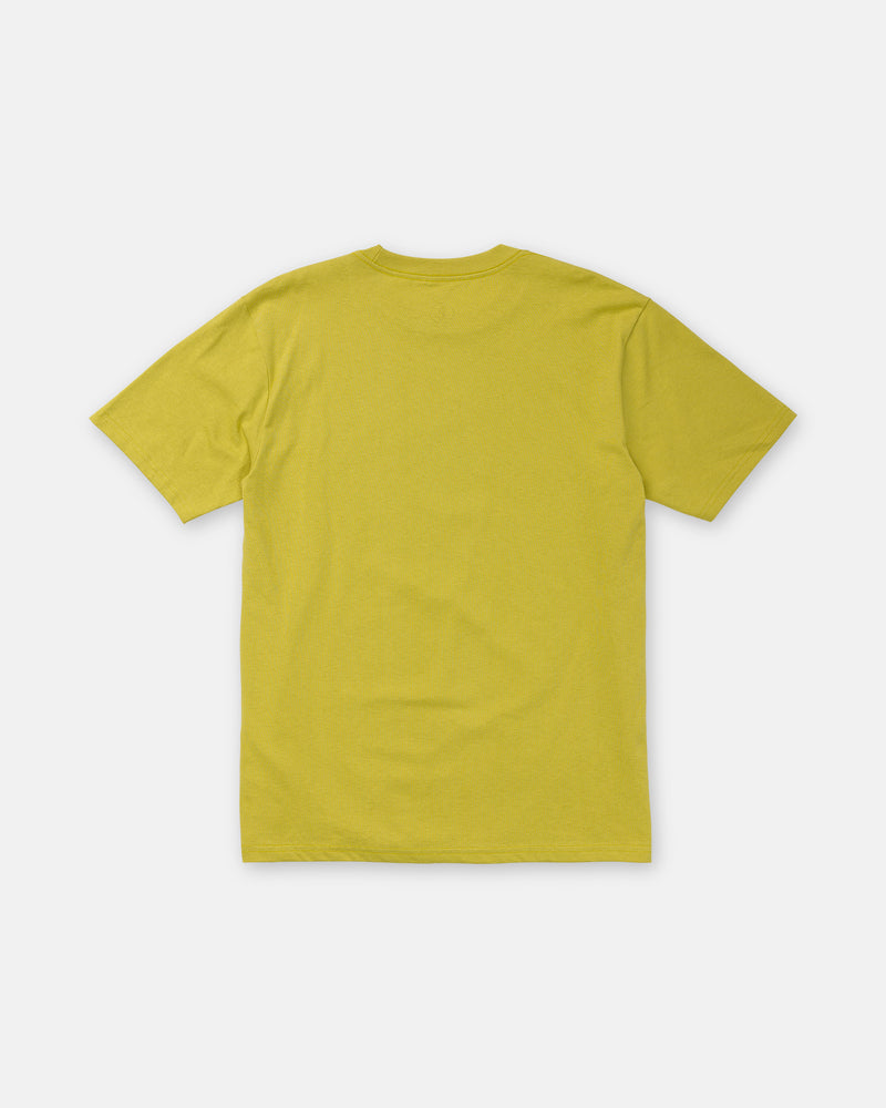 The Men’s Full Stone Short Sleeve Tee by Volcom, in yellow premium cotton, is laid flat with the back side facing up on a white background.