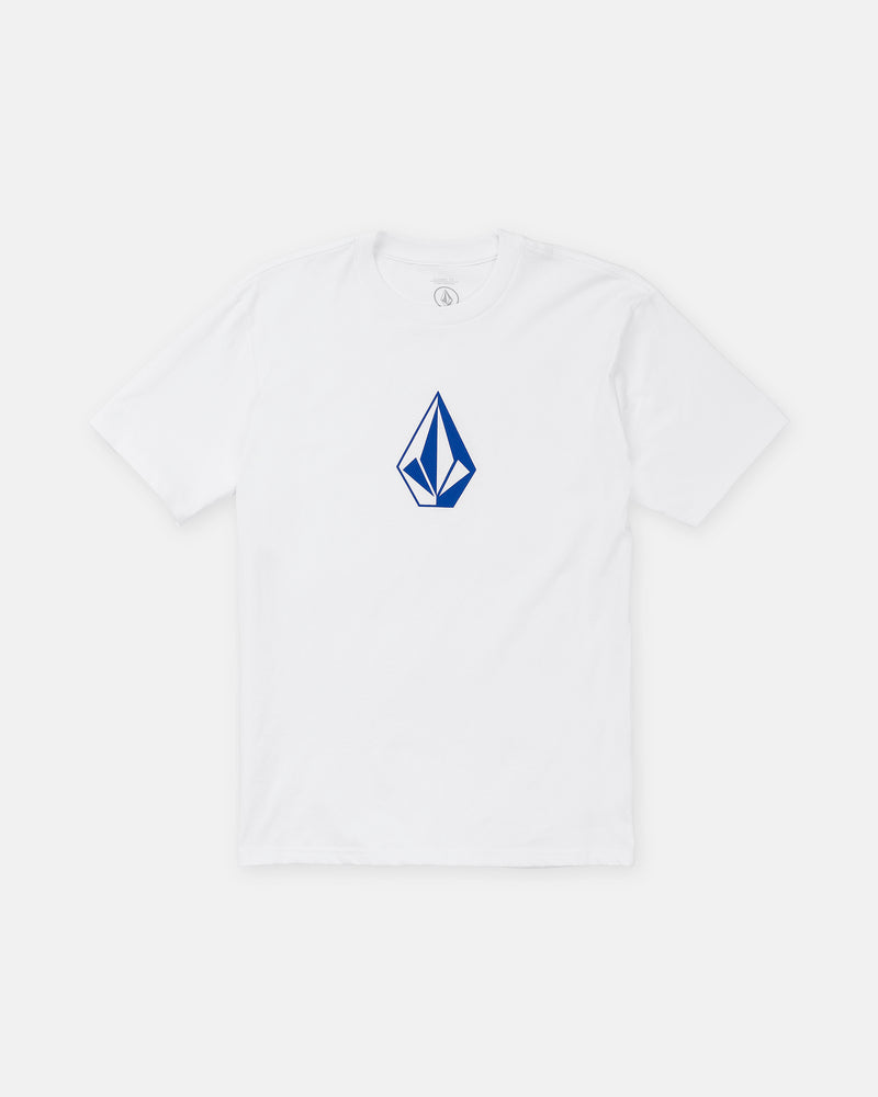 White Volcom Men’s Full Stone Short Sleeve Tee with a blue geometric logo centered on the chest.