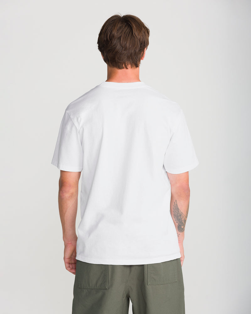 A person seen from the back wearing a white Men’s Full Stone Short Sleeve Tee and olive green shorts.