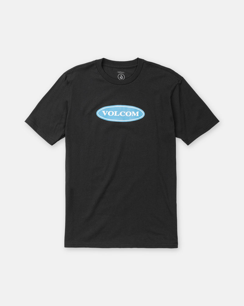 Black heavyweight premium cotton Men’s Remastered Stone Short Sleeve Tee featuring a blue chest graphic with white archival logo text.