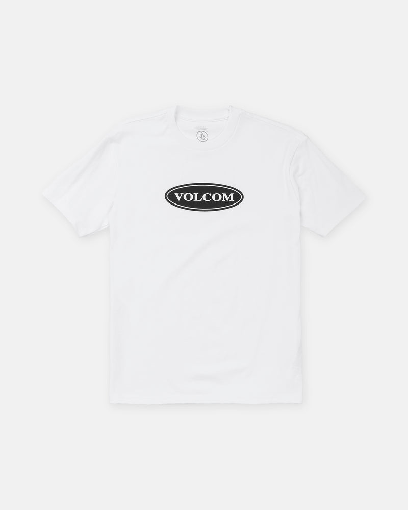 White short-sleeved Men’s Remastered Stone Short Sleeve Tee with a black oval graphic on the chest containing the text VOLCOM.