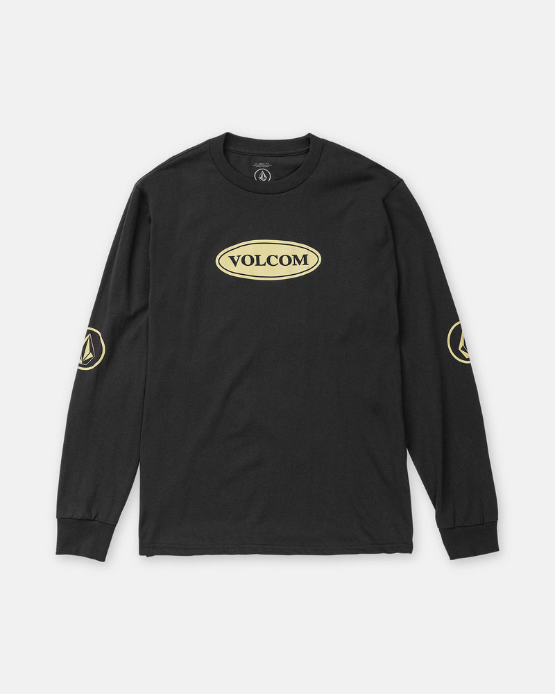 Volcom Men’s Remastered Stone Long Sleeve Tee: a classic fit black long-sleeve t-shirt in heavyweight cotton with a yellow oval logo on the chest and a circular logo on each sleeve.