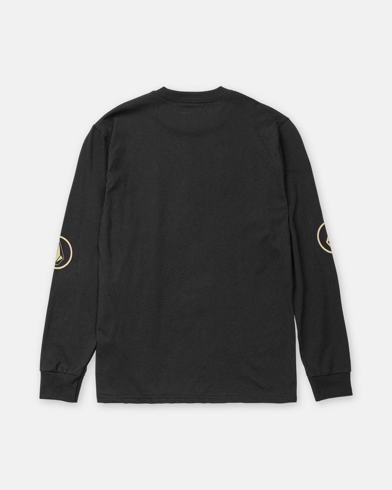 Back view of a black Men’s Remastered Stone Long Sleeve Tee, a heavyweight, classic fit shirt with a gold stone logo printed on each sleeve.