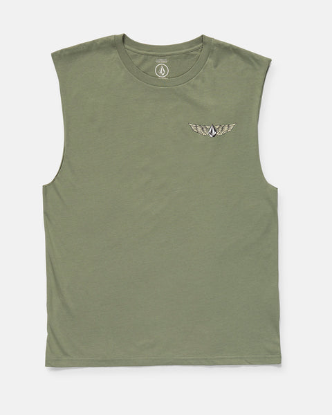 The Volcom Men's Hi Flyer Sleeveless is an olive green, classic fit t-shirt made from 100% cotton. It features a small embroidered winged emblem and drop logo on the left chest with a crew neckline and no other visible patterns.