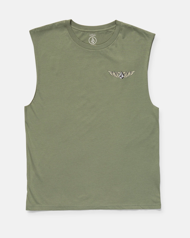 The Volcom Men's Hi Flyer Sleeveless is an olive green, classic fit t-shirt made from 100% cotton. It features a small embroidered winged emblem and drop logo on the left chest with a crew neckline and no other visible patterns.