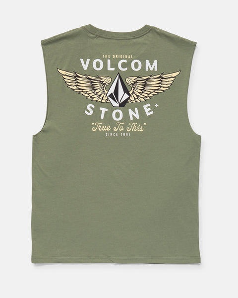 Back view of Volcom Men's Hi Flyer Sleeveless shirt in olive green, classic fit, with “Volcom Stone” text, winged geometric logo, and “The Original” plus “True To This Since 1991” printed in white and beige.