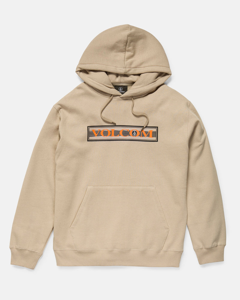 The Men's Stone Coast Pullover by Volcom is a beige hooded sweatshirt made with brushed fleece and REPREVE recycled polyester, featuring a front pouch pocket and orange-and-black branding on the chest, shown on a white background.