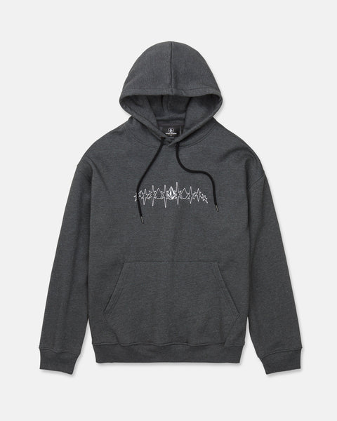 The Volcom Men's Super Stoned Pullover features a dark gray brushed-back fleece construction with a front pocket and black drawstrings. A white stylized heartbeat or soundwave graphic is displayed on the chest. Crafted from Repreve recycled polyester, this hoodie delivers both comfort and sustainability against a plain white background.
