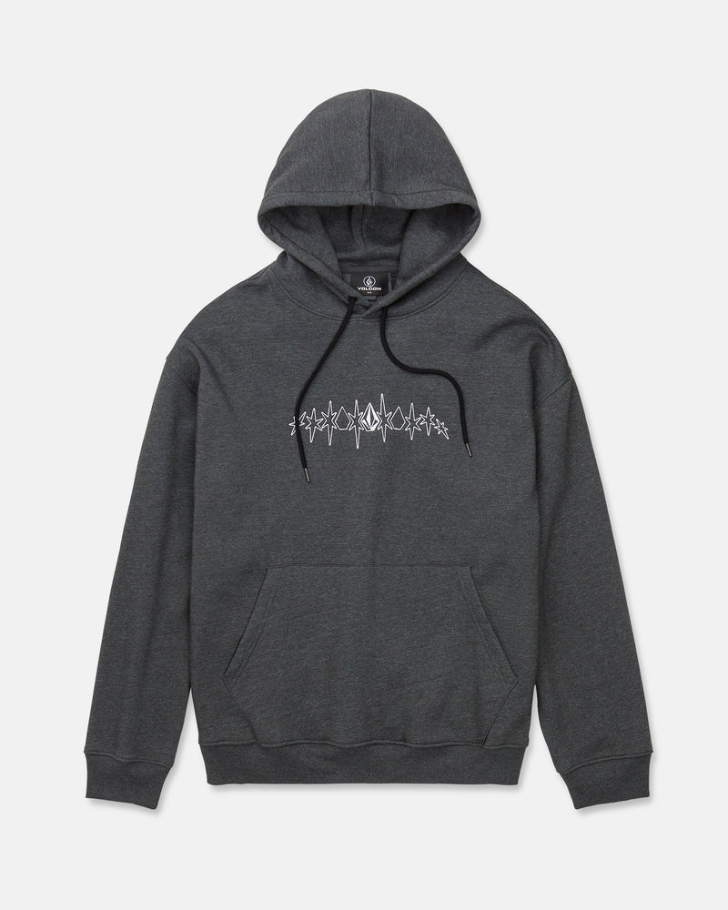 The Volcom Men's Super Stoned Pullover features a dark gray brushed-back fleece construction with a front pocket and black drawstrings. A white stylized heartbeat or soundwave graphic is displayed on the chest. Crafted from Repreve recycled polyester, this hoodie delivers both comfort and sustainability against a plain white background.