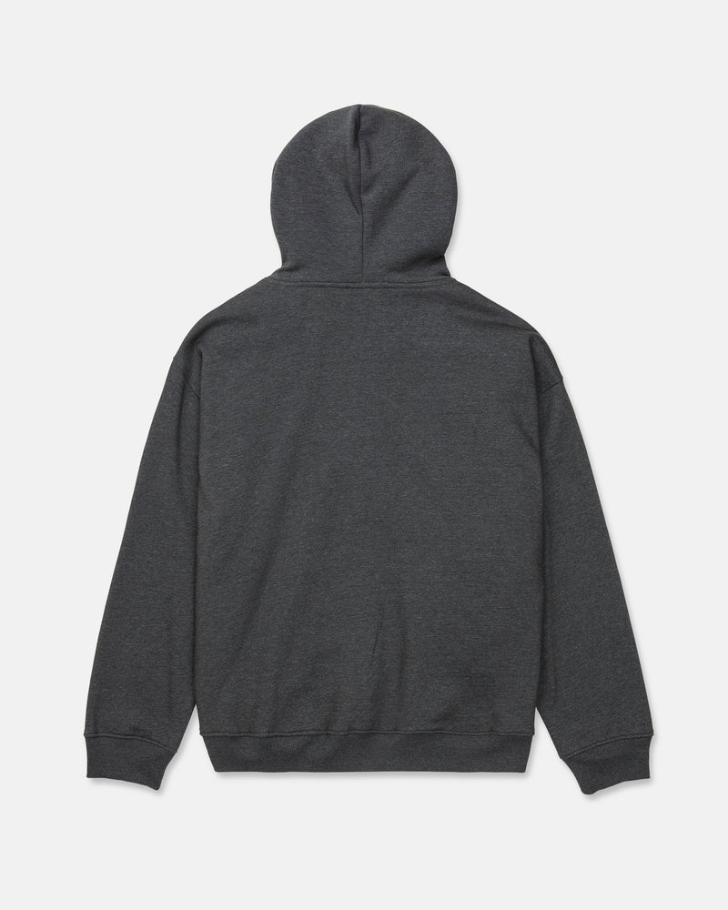 The Volcom Men's Super Stoned Pullover is pictured from the back, featuring a plain dark gray design with long sleeves, ribbed cuffs and hem, and crafted from soft Repreve recycled polyester fleece, set against a white background.