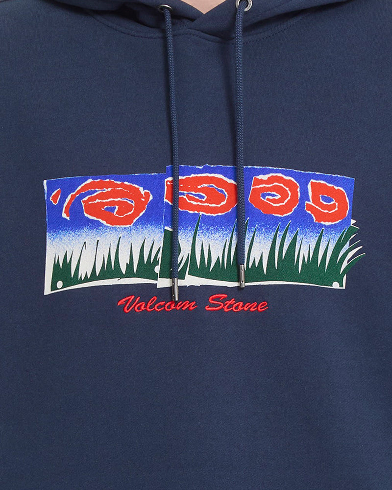 The Men’s Featured Artist Antonio Carrau Pullover by Volcom is a navy hoodie made from heavyweight fleece, showcasing a vibrant graphic of red swirls, green grass, and a blue sky. “Volcom Stone” is boldly written in red script beneath the artwork.