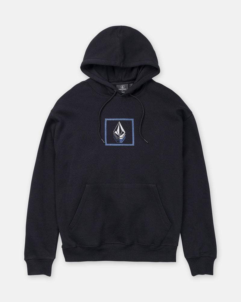 Black Men’s Quadratic Pullover by Volcom with a front pocket, geometric leaf emblem on the chest, brushed-back fleece, drawstring hood, and long sleeves, shown on a white background.